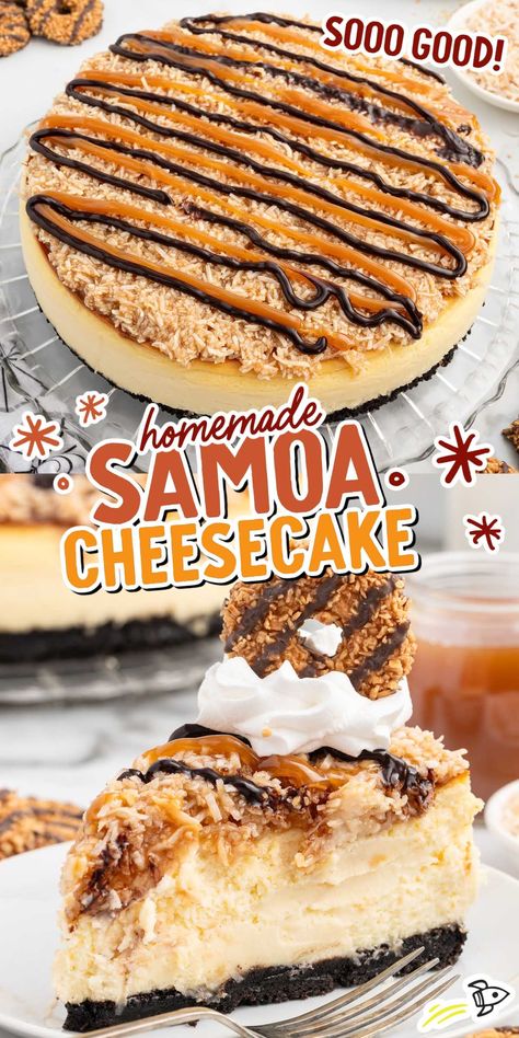 Samoa Cheesecake Samoa Cheesecake, Unusual Dessert, Savory Cheesecake, Dessert Dip Recipes, Caramel Coconut, Snickers Cheesecake, Yummy Cheesecake, Coconut Cheesecake, Caramel Desserts