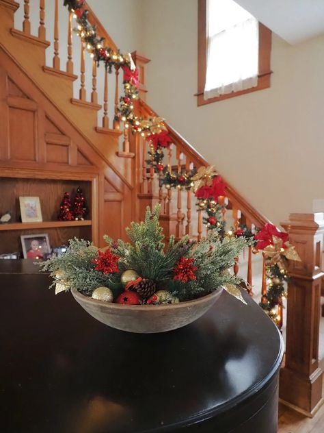 Dough Bowls Decorated For Christmas, Wooden Bowl Christmas Decor, Wooden Bowls Decor Ideas, Christmas Bowl Decorations, Bowl Decor Ideas, Wooden Bowls Decor, Christmas Bowls, Antique Dough Bowl, Large Wooden Bowl