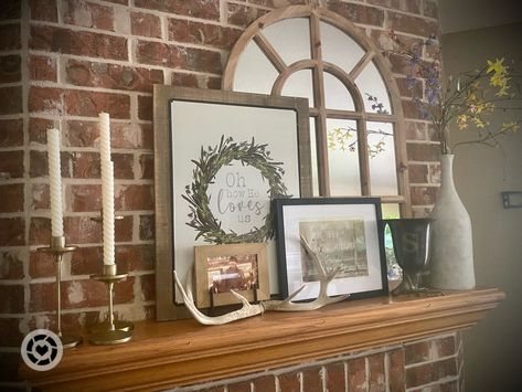 Stacked Pictures On Mantle, Layered Mantle Decor Mirror, Layered Mirror And Art Mantle, Layered Pictures On Mantle, Layering Pictures On Mantle, Layered Mantle Decor, Layering Mirrors, Mantle Decor With Mirror, Layer Pictures