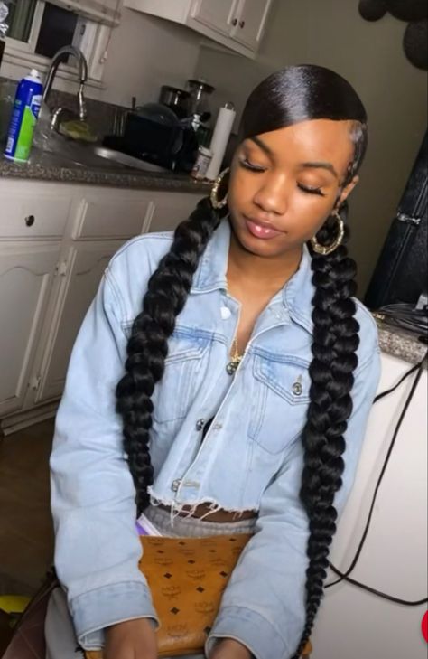 Two Low Braided Ponytails, Flower Afro, Hairstyles With Curled Hair, Cute Weave Hairstyles, Buns Hairstyles, Quick Styles, Low Ponytails, Hair Braid Patterns, Two Braid Hairstyles