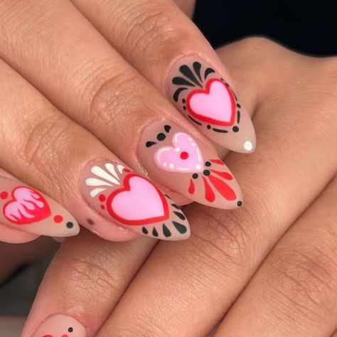 Hallie on Instagram: "🩷❤️  #valentines #valentinesnails #denvernails #nailart" Dolly Parton Nails Art, Valentine Western Nails, Dolly Parton Nails, Valentines Nail Art, Untraditional Valentines Nails, Trippy Valentines Nails, Unconventional Valentines Nails, Fancy Nails Designs, Gel Nail Designs