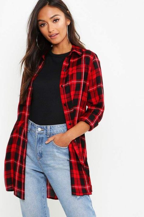 Petite Checked Shirt in red, black and white stripes | a classic plaid pattern in a petites size with a longer tunic style length for an easy lounge wear style in the colder fall and winter months, great for the ski cabin in front of the fire | affiliate link | Boohoo Checked Shirt Outfit Women, Red Checked Shirt Outfit, Check Shirt Outfit Women, Red Black Check Shirt, Checked Shirt Outfit, Black Check Shirt, Oversized Flannel Shirt, Red Checked Shirt, Plaid Shirt Outfits