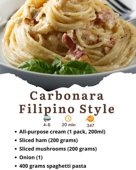 Carbonara Filipino Style, Filipino Spaghetti, Carbonara Ingredients, Homemade Scalloped Potatoes, Creamy Carbonara, Pasta Carbonara Recipe, Hearty Beef Stew, Filipino Style, Hearty Casseroles