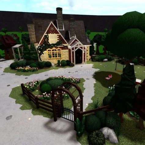 Bloxburge Mansions, Cottage Core Exterior, Bloxburg Cottage House Ideas, Bloxburg House Ideas No Gamepasses, Bloxburg Cottage, Bloxburg Homes, Bloxburg House Ideas Boho, Cottage House Exterior, Old Fashioned House