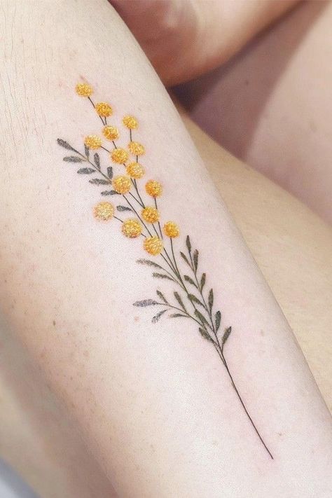 Craspedia Tattoo, Safflower Tattoo, Mimosa Pudica Tattoo, Mimosa Flower Tattoo, Thunderbird Tattoo, Tattoo Symbolism, Mandala Tattoos For Women, Colorful Flower Tattoo, Common Tattoos