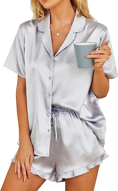 Womens 2 Piece Satin Pajamas Set Button Down Pajama Shirt Silky Ruffled Pjs Shorts Notch Collar Sleepwear Pjs Shorts, Satin Pajamas Set, Silk Pjs, Bridesmaid Pjs, Bridesmaid Pajama Set, Satin Pj Set, Black Pajamas, Bridesmaid Pyjamas, Satin Set