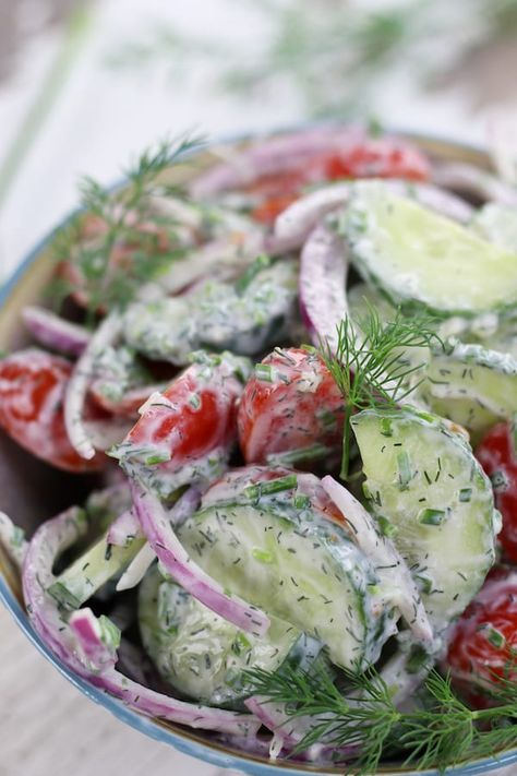 Creamy Cucumber Tomato Salad, Cucumber Dill Salad, Too Hot To Cook, Best Salads, Eat More Veggies, Creamy Cucumber Salad, Creamy Cucumbers, Cucumber Tomato Salad, More Veggies