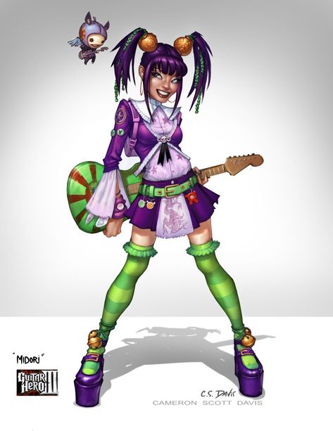 Guitar Hero Midori, Video Game Pose Reference, Midori Guitar Hero, Guitar Hero Characters, Retro Games Poster, Video Game Character, Hero 3, Space Girl, Hero Costumes