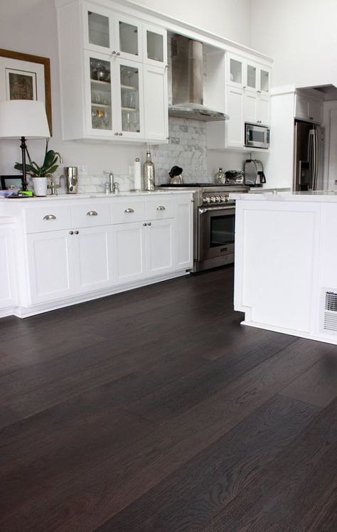 Hardwood floors installed Modern Oak Floors, Kitchen Dark Floor White Cabinets, Dark Vynil Plank Flooring Kitchen, Taupe Kitchen Dark Floor, Dark Floor With White Cabinets, Dark Brown Floor White Cabinets, Small Kitchen Dark Floor, White Room Dark Floors, Dark Wood Look Tile Floor