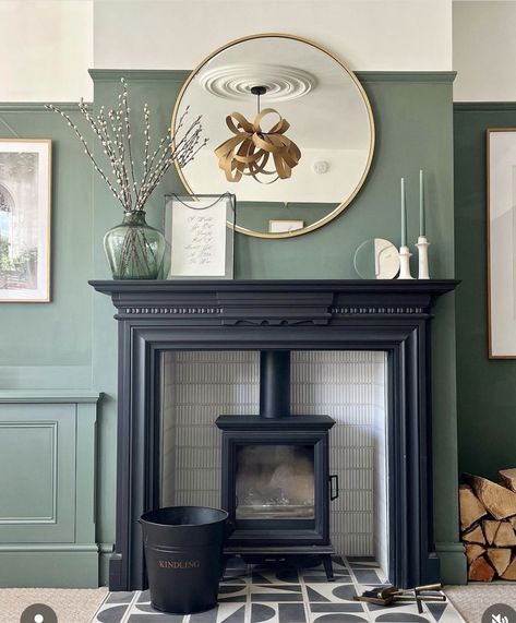 2023 Fireplace, Farrow And Ball Green, Black Brick Fireplace, Farrow And Ball Living Room, Wood Burning Stoves Living Room, Outside Lights, Log Burner Living Room, Hearth Tiles, Cottage Fireplace