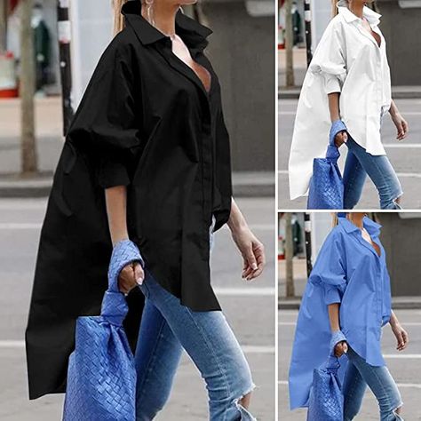 High Low Shirt Outfit, Long Shirt Women, Baggy Tops, Button Front Shirt Dress, Straight Clothes, Casual Shirt Women, Irregular Hem, Elegant Skirt, Blouse Material