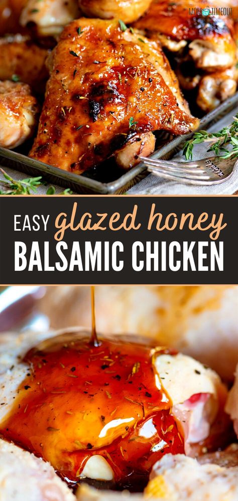 A 4-ingredient Easy Glazed Honey Balsamic Chicken perfect for busy weeknights! You only need less than 30 minutes to have tender, juicy chicken coated with a simple and delicious honey balsamic glaze. Your kids will be impressed! Save this pin! Honey Glazed Chicken Breast, Honey Chicken Breast, Maple Glazed Chicken, Glazed Chicken Breast, Honey Balsamic Glaze, Honey Balsamic Chicken, Balsamic Glazed Chicken, Honey Glazed Chicken, Mom On Timeout