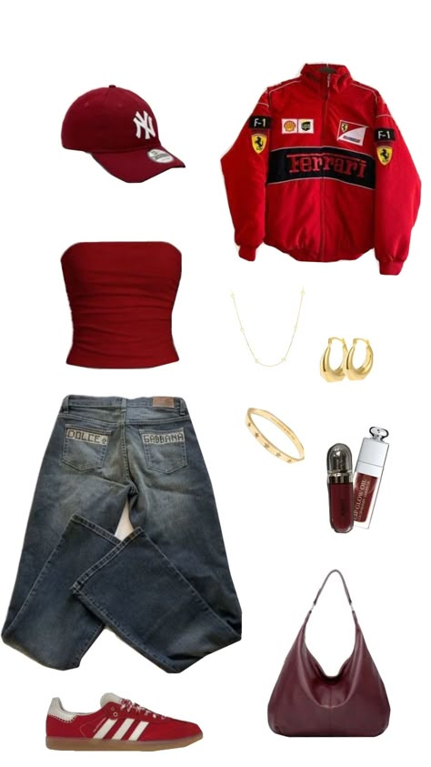 #ferrari #aesthetic #love 🏎❤️‍🔥🌹 Ferrari Outfit Aesthetic, Outfits Collage Aesthetic, F1 Merch Outfit, La Street Style 2024, Car Show Outfit, Ferrari Outfit, Main Character Outfit, Kendrick Concert, Olive Outfit