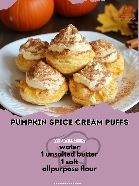 🎃🍂 Ready to elevate your fall dessert game? Try our Pumpkin Spice Cream Puffs for a taste of autumn perfection! 🍁🍴 Recipe: Pumpkin Spice Cream Puffs Ingredients: - 1 cup water - 1/2 cup unsalted butter - 1/4 tsp salt - 1 cup all-purpose flour - 4 large eggs - 1/2 cup pumpkin puree - 1 tsp pumpkin pie spice - 1 cup heavy cream - 1/4 cup powdered sugar - 1/2 tsp vanilla extract - Cinnamon for dusting Instructions: 1. Preheat oven to 400°F. In a saucepan, bring water, butter, and salt to a bo... Pumpkin Pie Cream Puffs, Pumpkin Cream Puff Filling, Holiday Cream Puffs, Pumpkin Cream Puffs, Pumpkin Pastry Cream, Pumpkin Spice Pastry Cream, Pumpkin Spice Cream Puffs, Pumpkin Spice Cream, Cream Puffs