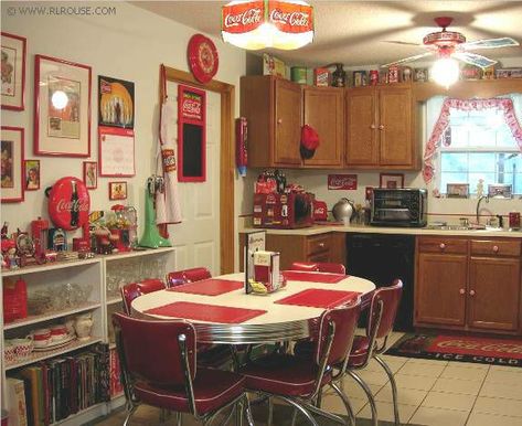 That table and kitchen chairs is SO going in my next house. I love everything about this but the curtains and the cabinets. Coke Kitchen, Emily Hughes, Trendy Kitchen Decor, Coca Cola Kitchen, Coca Cola Decor, Custom Jewelry Ideas, Always Coca Cola, Grandma's Kitchen, Coke Cola