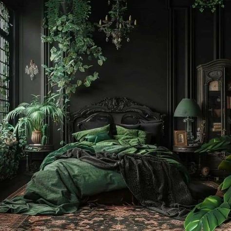 Green Gothic Bedroom, Black Room Aesthetic, Vintage Apartment Decor, Bedroom Decor Ideas For Women, Black And Grey Bedroom, Functional Bedroom, Forest Bedroom, Idea Bedroom, Dream Bedroom Inspiration