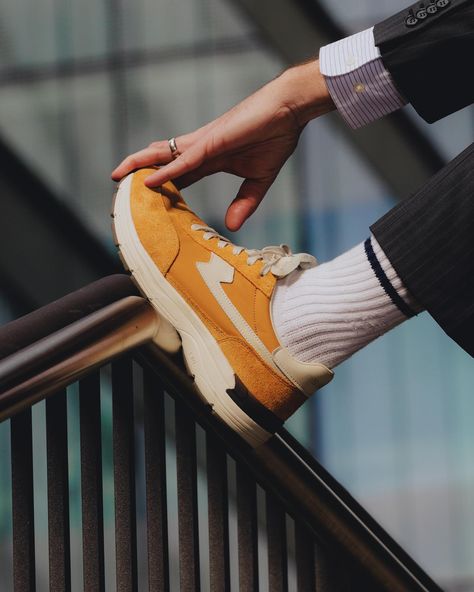 . Our SS24 campaign captures moments of movement and thought processes on a London commute and in the workplace. 🏃‍♂️ Featured is our Osier S-Strike Suede Mix College Yellow. Now available on our website 🤝 . 📸 @james_re . . . . . . . . #stepneyworkersclub #stepneyworkersclubsneakers #movement #sneakers #sneakerhead #sstrike #swc #ootd London Commute, Sneakers Photography Ideas, Shoe Pictures, Stepney Workers Club, Ad Ideas, Photo Time, Sneakers Street, Street Beat, Time Photo