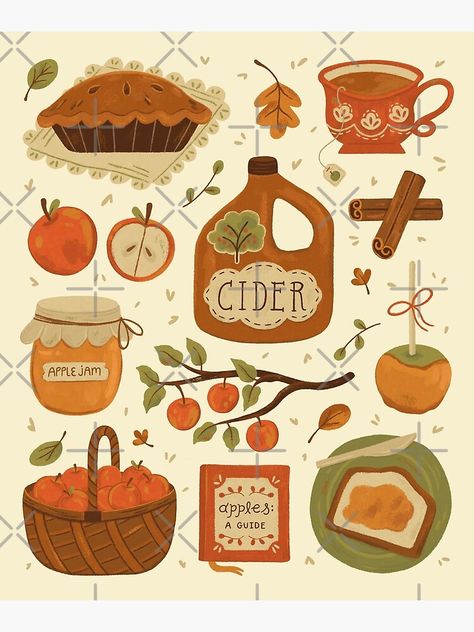 Autumn Harvest Illustration, Cozy Food Illustration, Cozy Art Prints, Apple Cider Illustration, Apple Picking Illustration, Cozy Autumn Art, Autumn Aesthetic Illustration, Autumn Drawings Aesthetic, Fall Aesthetic Illustration