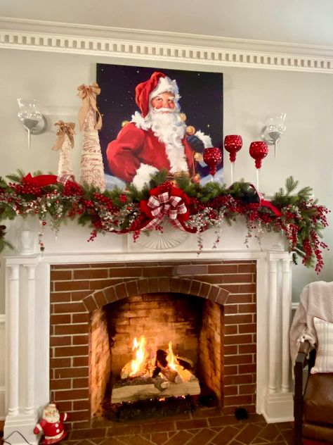 Christmas Mantle With Santa Picture, Santa Picture On Mantle, Santa Mantle Mantel Ideas, Decorating With Santas For Christmas, Santa Mantle, Christmas Mantel Garland, Mantel Garland, Chirstmas Decor, Mantel Ideas