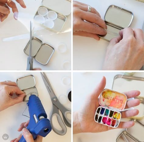 DIY | Make your own mini paint palette out of almost any container | thinkmakeshareblog.com Painted Pallets Ideas, Diy Paint Palette, Depotting Makeup, Calender Gift, Watercolor Pallet, Matchbox Crafts, Travel Art Kit, Watercolor Kit, Pallet Painting