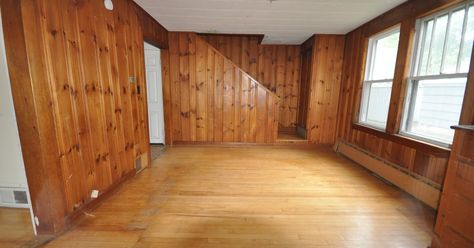 My very first thought when we looked at the house, was that the Dining Room could be beautiful.  From the beginning, I could see the Pickwic... Painting Knotty Pine Walls, Painted Knotty Pine Walls, Painting Paneling, Knotty Pine Paneling, Pine Paneling, Knotty Pine Walls, Paneling Makeover, Pine Wood Walls, Kids Bedroom Remodel