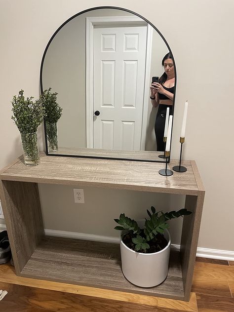 Wall Mirror Above Dresser, Arched Entryway Mirror, Mirrors Above Dresser Bedroom, Black Entryway Mirror, Arch Mirror Bedroom Dresser, Arch Mirror And Floating Shelf, Black Arch Mirror Entryway, Arch Mirror Bedroom, Arched Mirror Entryway