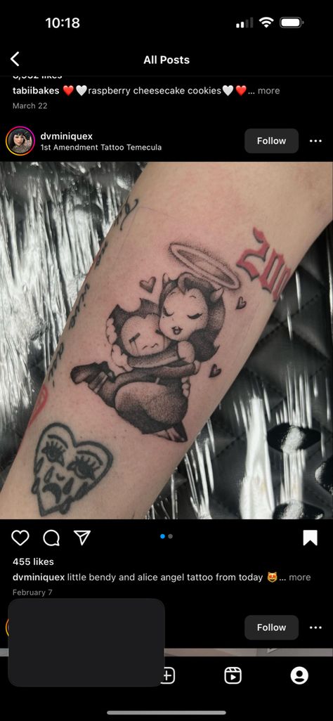 Alice Angel Tattoo, Beautiful Nightmare Tattoo, Nightmare Tattoo, Raspberry Cheesecake Cookies, Alice Angel, Raspberry Cheesecake, Cartoon Tattoos, Angel Tattoo, Bling Acrylic Nails