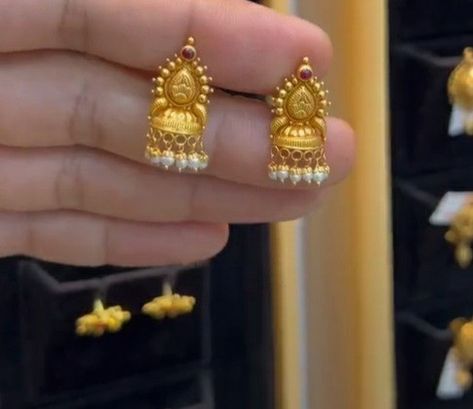 Gold Small Jumka Design, Small Size Gold Jumkas, Small Gold Buttalu Designs, Jumkas Gold With Grams, 3 Grams Gold Earrings Indian Daily Wear, Jimikki Kammal Gold, Small Jhumki Earrings Gold, Gold Jumkas Design, Buttalu Earrings Gold Bridal