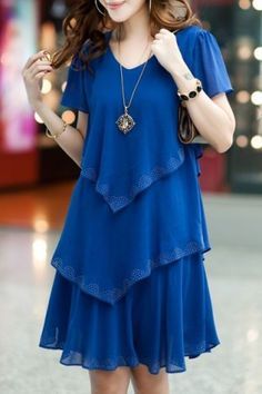 Stylish Women's Short Sleeve Pure Color Scoop Neck Dress Layered Chiffon Dress, Chiffon Shift Dress, Chiffon Party Dress, Sukienki Plus Size, Blue Party Dress, Blue Summer Dresses, Chiffon Mini Dress, Knee Dress, Plus Size Womens Clothing