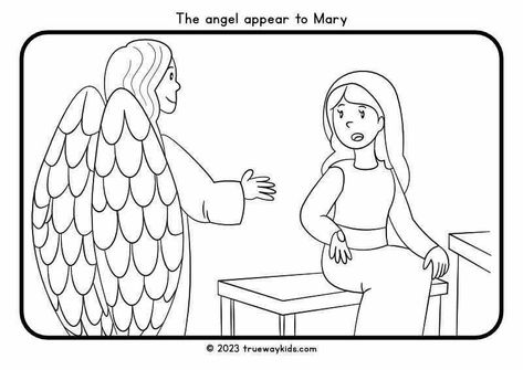 Discover the wonder of the Christmas story with our free 'Angel Visits Mary' coloring page. Perfect for Sunday school or a fun activity at home, this beautifully illustrated page captures the momentous occasion when the Angel Gabriel appeared to Mary, bringing the message of Jesus' birth. Download it now in English, Spanish, or Portuguese and start a meaningful holiday tradition! 🎄✏️ Angel Spoke To Mary And Joseph Craft, Sunday School Stories, Trueway Kids, Kids Church Lessons, Angel Coloring Pages, Jesus Coloring Pages, Children Church, Jesus Birth, The Christmas Story