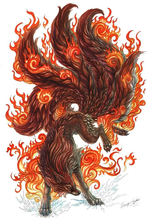 Feb Tattoos, Kitsune Fox Spirit, Fox God, Japanese Kitsune, Nine Tails, Fox Artwork, Kitsune Fox, Fantasy Wolf, Fox Spirit