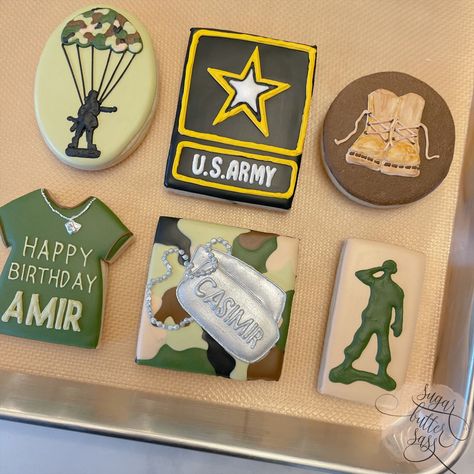 custom army bday cookies @sugarbuttersass on instagram Army Royal Icing Cookies, Congrats Cookies, Army Cookies, Bday Cookies, Army Birthday Parties, Army Birthday, Army's Birthday, Valentine Sugar Cookies, Cookies From Scratch