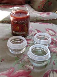 Pop off that rubber seal on your candle lid and use the it for all kinds of things.  Check website for details.  :) I like the wreath out of the plastic rings/mason jar ring idea Sewing And Craft Room, Recycled Candle Jars, Reuse Candle, Candle Lids, Candle Jar Lids, Old Candle Jars, Craft Room Ideas, Sew Christmas, Yankee Candle Jars