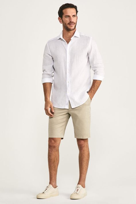 Men Outfits For Hot Weather, Linen Shirt And Chinos Men, Formal Hot Weather Outfit Men, Men’s White Linen Shirt Outfit, Men Chino Shorts Outfit, White Shirt And Shorts Outfit Men, Linen Shirt And Shorts Outfit Men, Men’s White Linen Shirt, Linen Shorts For Men