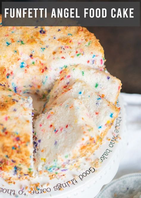 Soft, fluffy angel food cake from scratch! Use this Funfetti Angel Food Cake as a low fat birthday cake or a colorful addition to any family gathering.  #angelfood #cake #funfetti Confetti Angel Food Cake Recipes, Funfetti Angel Food Cake, Angle Food Cake Recipe, Box Angel Food Cake Recipes, Flavored Angel Food Cake, Confetti Angel Food Cake, Angel Food Cake Frosting, Angel Food Cake From Scratch, Angelfood Cake