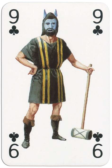 9 of clubs from Gladiators deck designed by Severino Baraldi Soldier Reference, Old Playing Cards, Art Playing Cards, Cards Playing, Historical Illustration, Playing Card Games, Custom Decks, Cards Game, King Of Hearts