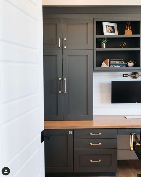 Loving this paint color, cabinetry and wood desktop for our future mudroom expansion. Paint color is Benjamin Moore Ashwood Moss Ashwood Moss Benjamin Moore, Ashwood Moss, Ikea Bookshelf Hack, Harmony Design, Rose House, Ikea Bookshelves, Office Nook, Kitchen Cabinets Makeover, Green Cabinets