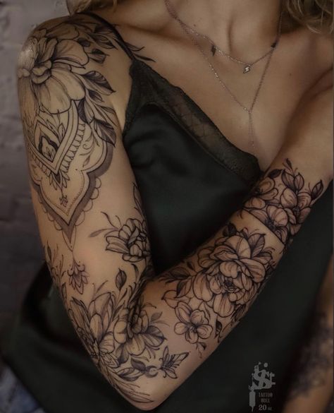 Feminine Floral Tattoo, Feminine Chest Tattoo, Harp Tattoo, Tattoo Virgo, Lace Sleeve Tattoos, Side Tattoos Women, Front Shoulder Tattoos, Arm Sleeve Tattoos For Women, Feminine Tattoo Sleeves