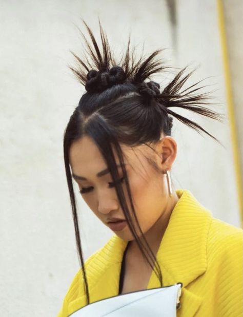 90s Hair Editorial, 90s Spiky Updo, Short Editorial Hair, 90s Up Do, Fashion Hairstyles Runway, Spiky Space Buns, Cyberpunk Hairstyles Women, Spiky Buns Hair, Techno Hairstyles