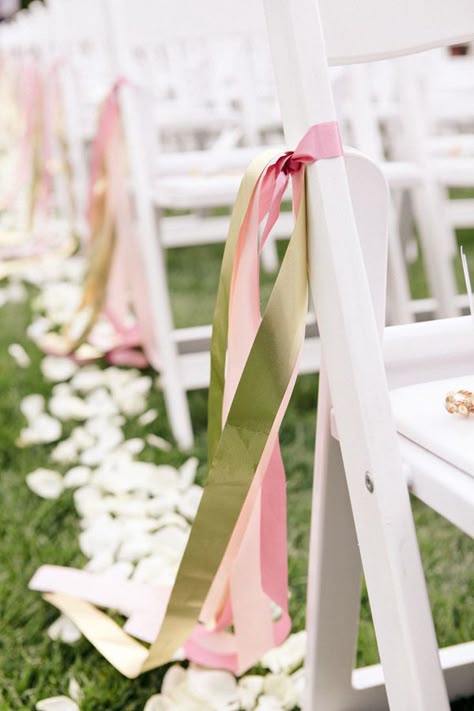 pink and green ribbon decorated wedding chairs for outdoor wedding ideas Aisle Ideas, Wedding Chair Sashes, Chair Bows, Pew Bows, Ceremony Chairs, Aisle Decorations, Wedding Chair Decorations, Chair Sash, Wedding Aisle Decorations