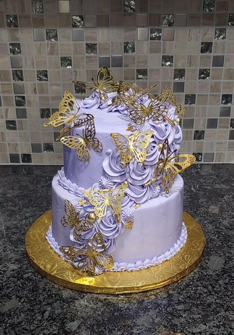 Purple And Gold Birthday Party Ideas, Birthday Cake Purple And Gold, Butterfly Quinceanera Cake, Purple And Gold Butterfly Cake, Sweet 16 Party Ideas Purple And Gold, Purple Gold Cake, Purple And Gold Cakes, Purple And Gold Sweet 16, Purple And Gold Birthday Cake