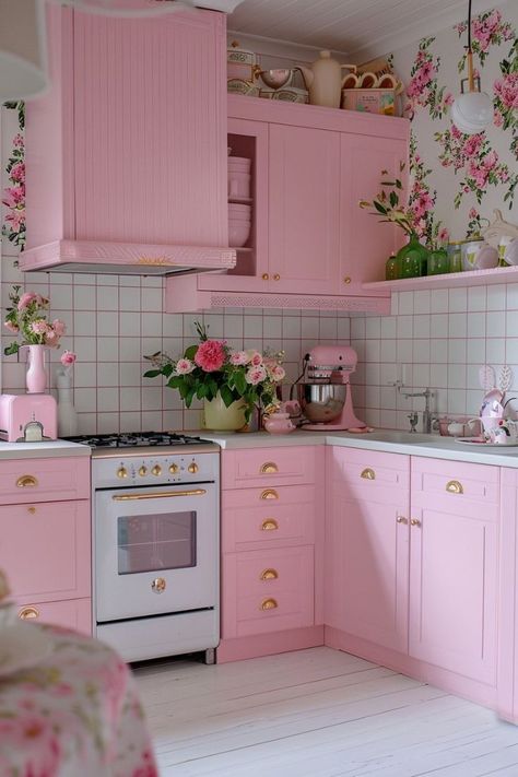 Pink Kitchen Inspiration, Diner Aesthetic, Dreamy Kitchens, Funky Kitchen, Virgo Art, Modern Kitchen Ideas, Cute Apartment, Girly Decor, Casa Vintage