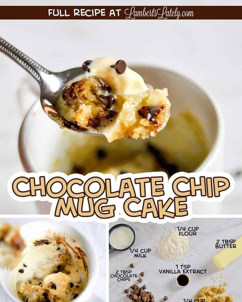 This recipe for Chocolate Chip Mug Cake takes just 1 minute to cook in a microwave! With just 6 ingredients (no egg), you can make a single serve dessert that tastes just like a warm chocolate chip cookie. Chocolate Chip Mug Cookie, Mug Cookie, Chocolate Chip Mug Cake, Chip Mug, Super Easy Desserts, Cookie In A Mug, Mug Cakes, Mug Recipes, In A Mug