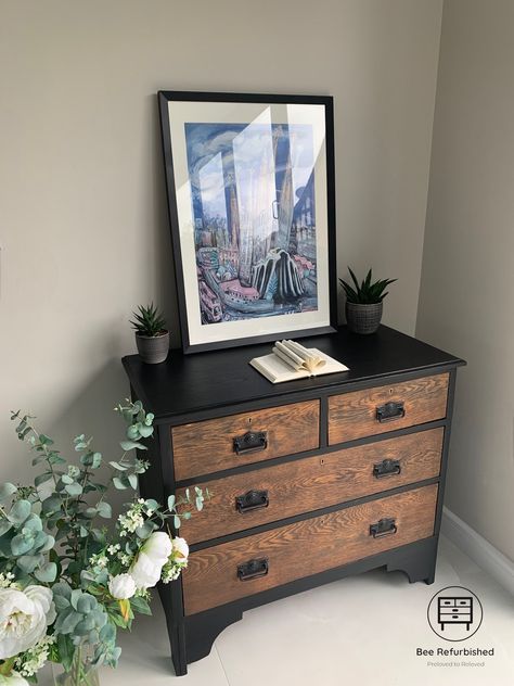 This piece is sold but I have similar oak pieces which I can customise in this style A beautiful refurbished solid oak Vintage chest of drawers. This beautiful piece of furniture has been sanded back to bare oak and hand painted in Fusion mineral paint (Coal Black) and finished in Ebony Fusion's finishing oil. The drawers have been finished in Cappuccino stain and finishing oil. * Smooth working drawers which have been    waxed * Painted back of chest * Original vintage handles cleaned and spray Mixing Black Furniture With Wood, Dark Wood And Black Furniture, Black Furniture Flip, Painting Furniture Brown, Black Refurbished Dresser, Black And Oak Bedroom, Black Wax Furniture, Nightstand Refurbished, Black And Wood Furniture