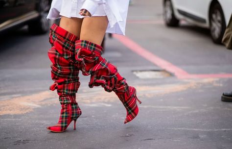 Shoes Winter Women, Women Thigh High Boots, Plaid Boots, Boots 2020, Wearing Red, Thigh High Boots, Shoes Winter, Thigh High, Red Plaid