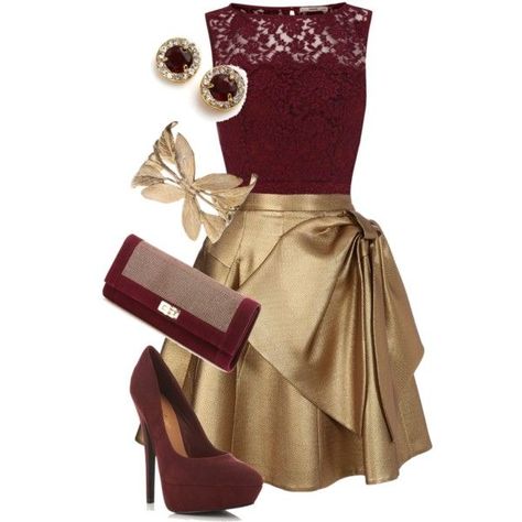 Skirt Outfit For Party, Metallic Pleated Skirt Outfits, Maroon Skirt Outfit, Red And Gold Outfit, Golden Skirt, Outfit For Party, New Years Eve Party Outfits, Rich Outfits, Casual Christmas Party Outfit