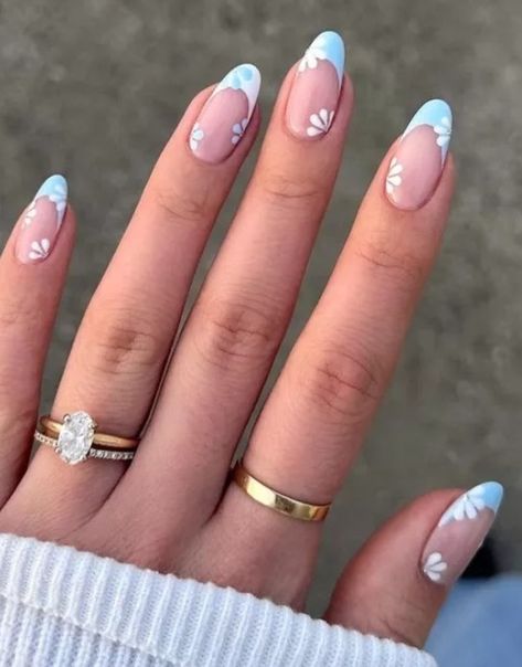 Blue Nails With Daisies, Blue French Tips, White French Tip, Ideas For Nails, Light Blue Flowers, Blue French, Flower Nail, Flower Nail Art, French Tip Nails