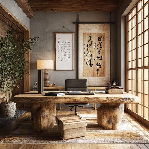 Design a Zen-inspired home office that merges traditional Asian elements with modern functionality. With a wooden desk, bamboo plant, and calming calligraphy art, this space is perfect for achieving focus and inner peace. #ZenOffice #AsianDecor #HomeWorkspace #ProductivityBoost Japanese Style Office Design, Japanese Inspired Office, Yoga Office Space, Japanese Style Office, Japanese Office Design, Zen Office Space, Zen Apartment, Architect Inspiration, Chinese Office