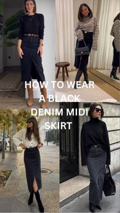 Styling Long Black Denim Skirt, Midi Black Denim Skirt, Style Black Denim Skirt, Styling Black Denim Skirt, Black Denim Midi Skirt Outfit Winter, Denim Skirt Outfit 2024, Midi Demin Skirt Outfits, How To Wear A Black Skirt, Black Denim Skirt Outfit Ideas