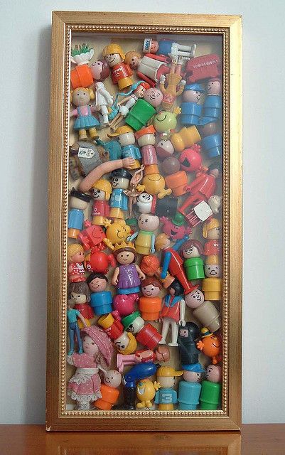 Plastic toys in a box frame  Finally - a use for the box frame I bought from a charity shop two years ago thinking, 'that'll come in handy f... Old Vanity, Kids Memories, Plastic Toys, Shadow Boxes, Old Toys, Displaying Collections, Fisher Price, Little People, Box Frames